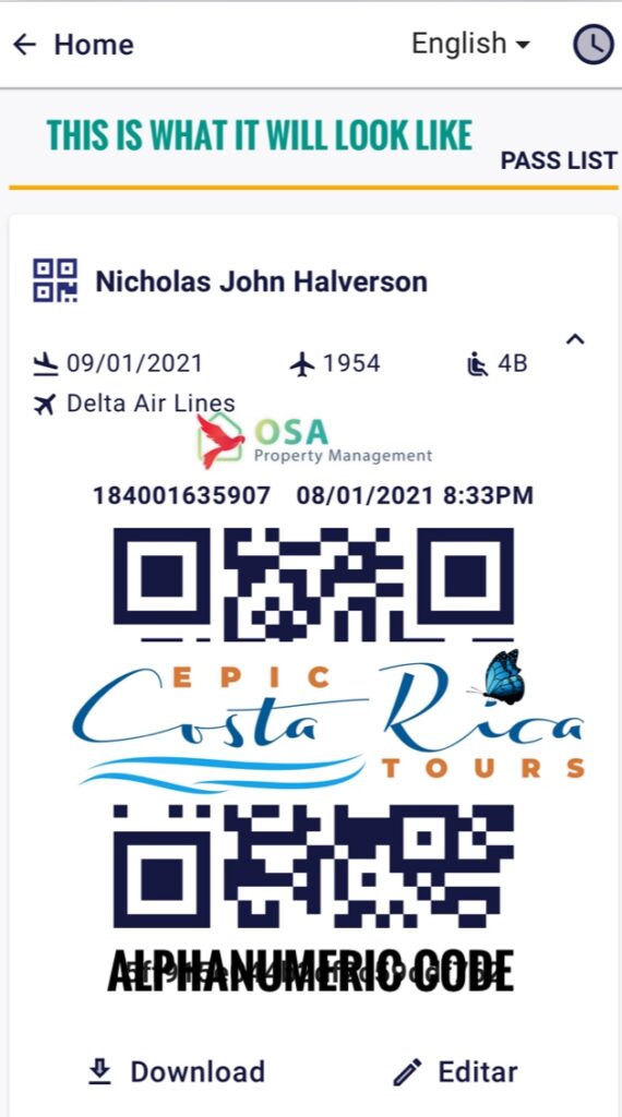 Costa Rica health pass and QR code