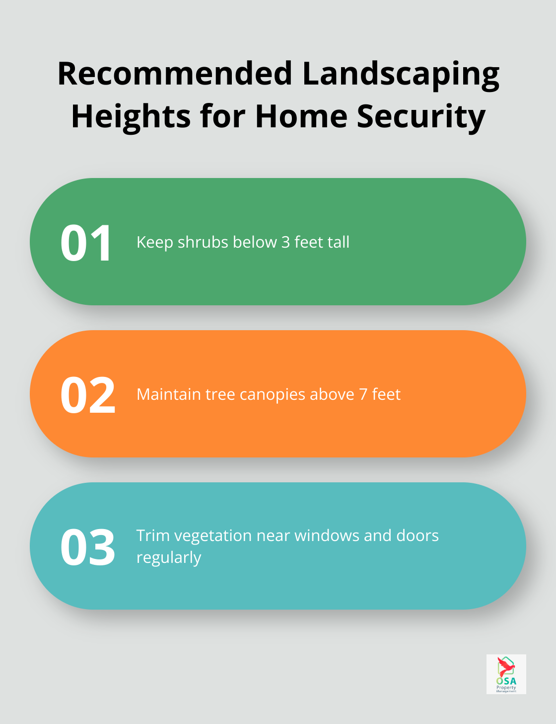 Chart showing recommended heights for shrubs and tree canopies to maintain clear sightlines for home security