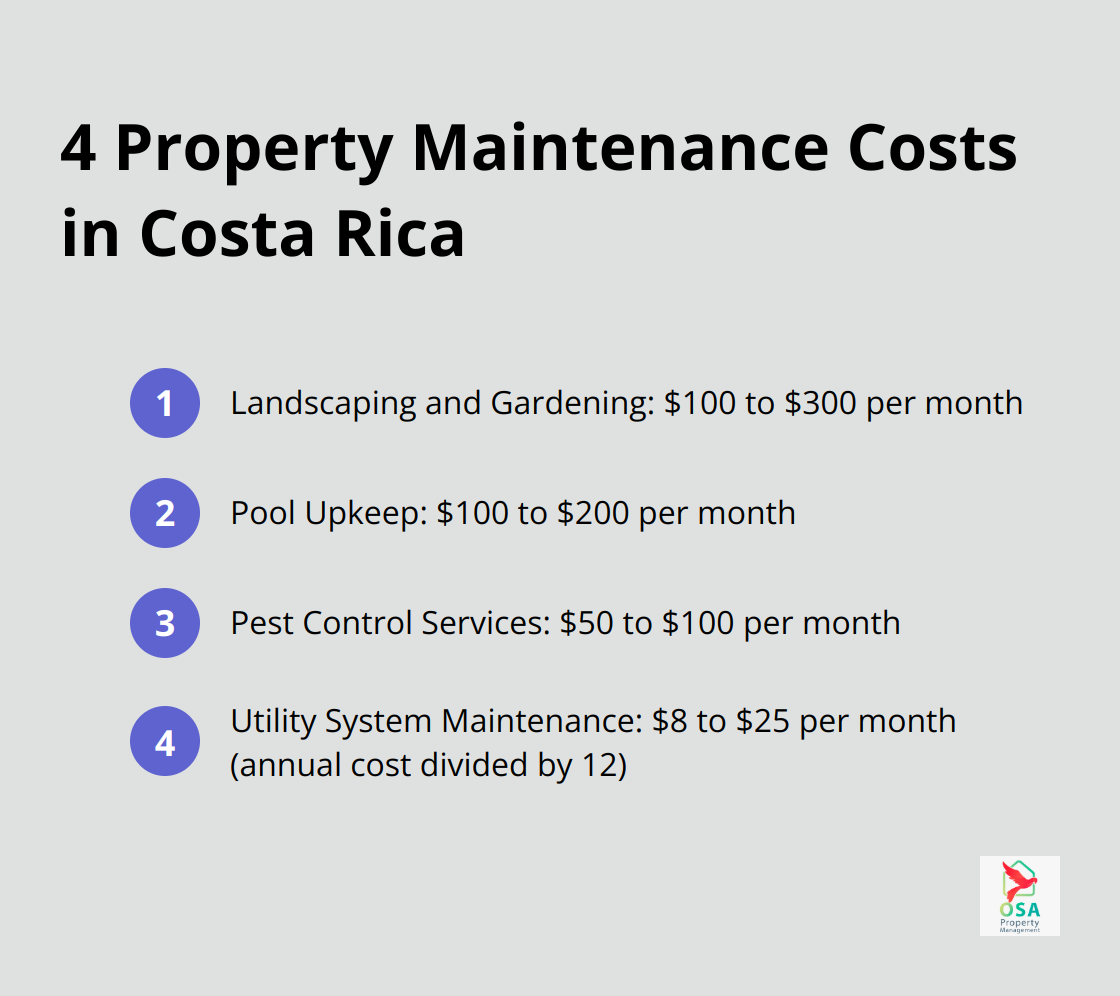 A list of common monthly property maintenance costs in Costa Rica, including landscaping, pool upkeep, pest control, and utility system maintenance.