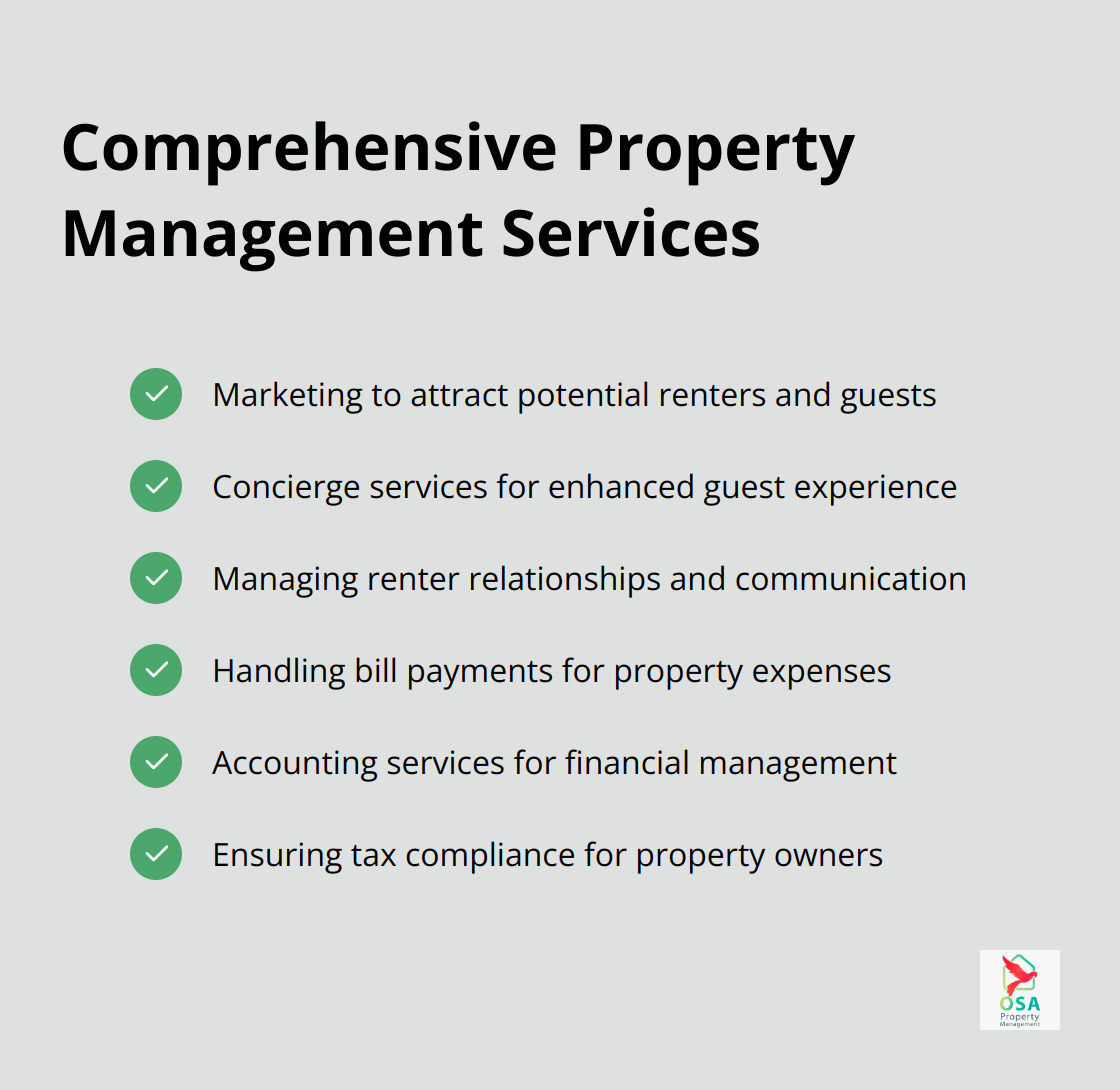 Checkmark list of comprehensive property management services including marketing, concierge services, renter relationships, bill payments, accounting, and tax compliance - Maintenance schedule