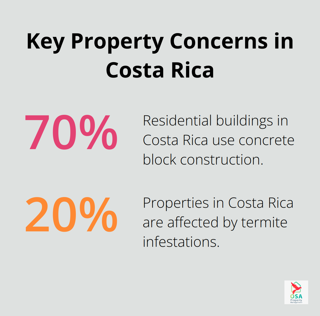 Chart showing 70% of residential buildings use concrete block construction and 20% of properties are affected by termite infestations in Costa Rica - Property inspection