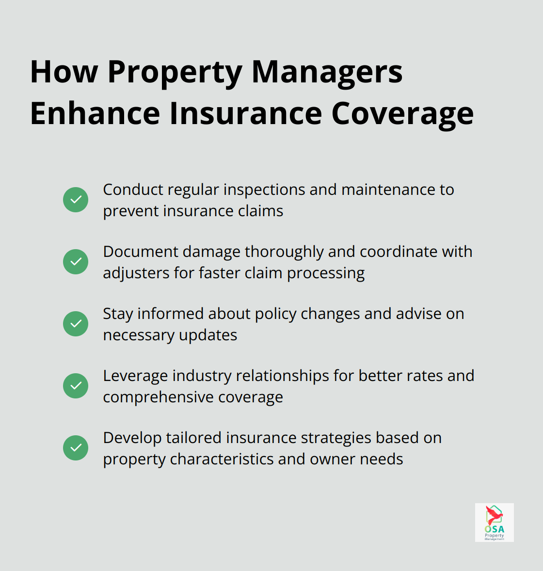 A checkmark list chart showing five ways property managers enhance insurance coverage: proactive maintenance, risk mitigation, expert claims navigation, policy change updates, and customized insurance strategies.