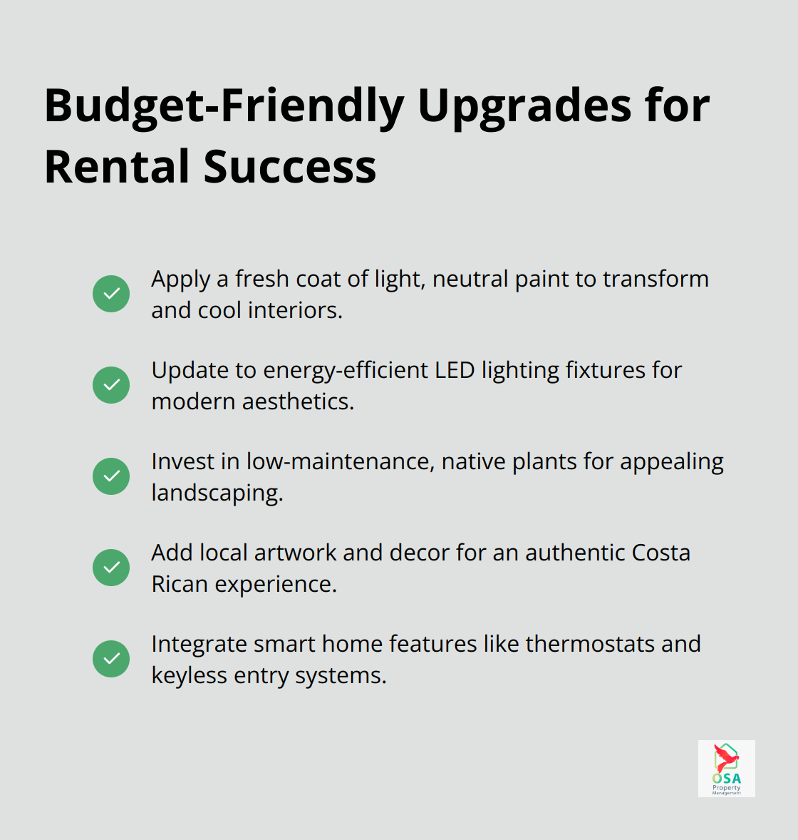 Checklist of cost-effective upgrades for Costa Rica rentals: fresh paint, updated lighting, landscaping, local decor, and smart technology. - Rental income