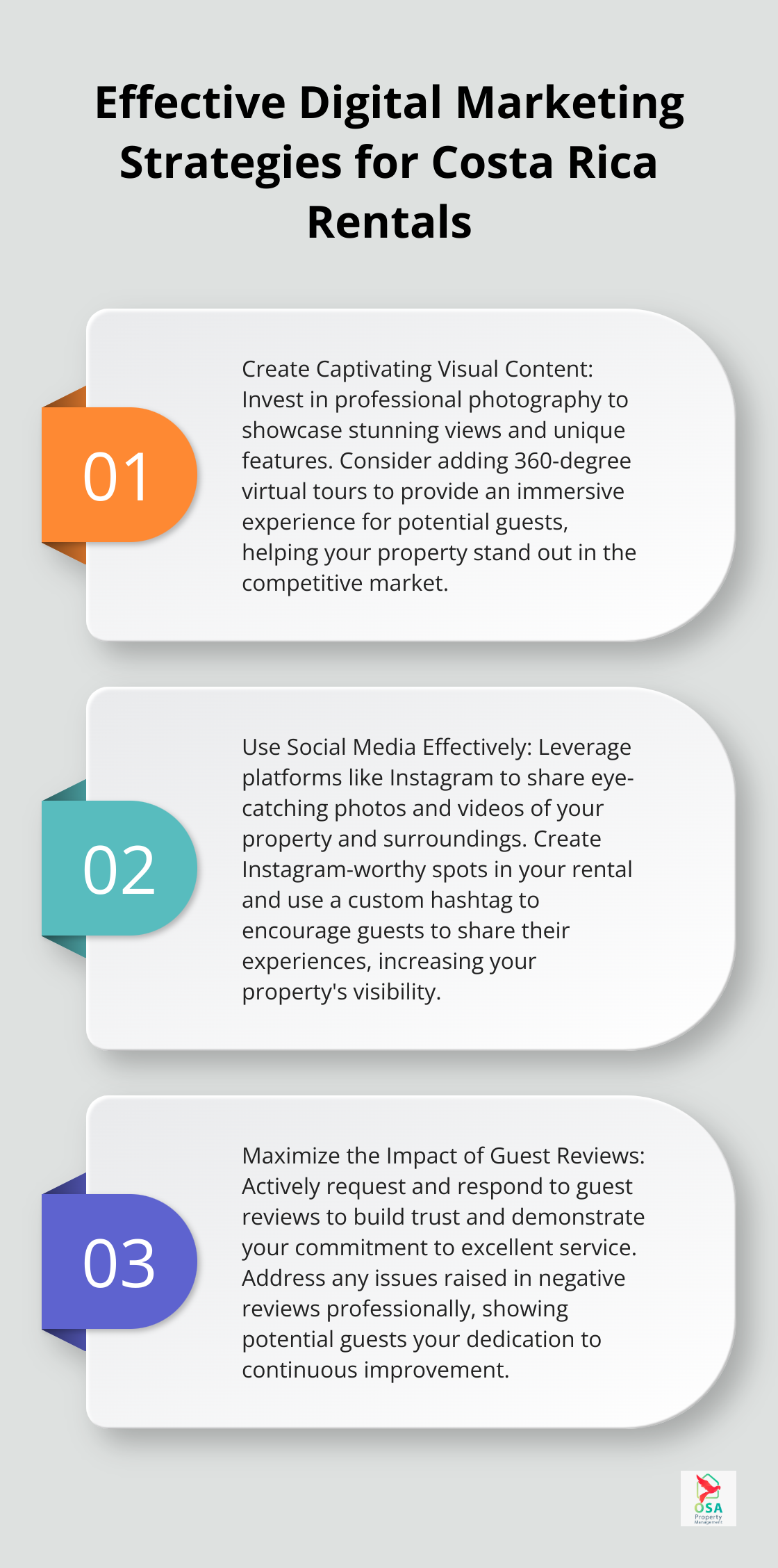 An ordered list chart presenting three key digital marketing strategies for boosting Costa Rica rentals: Create captivating visual content, use social media effectively, and maximize the impact of guest reviews. - Rental marketing