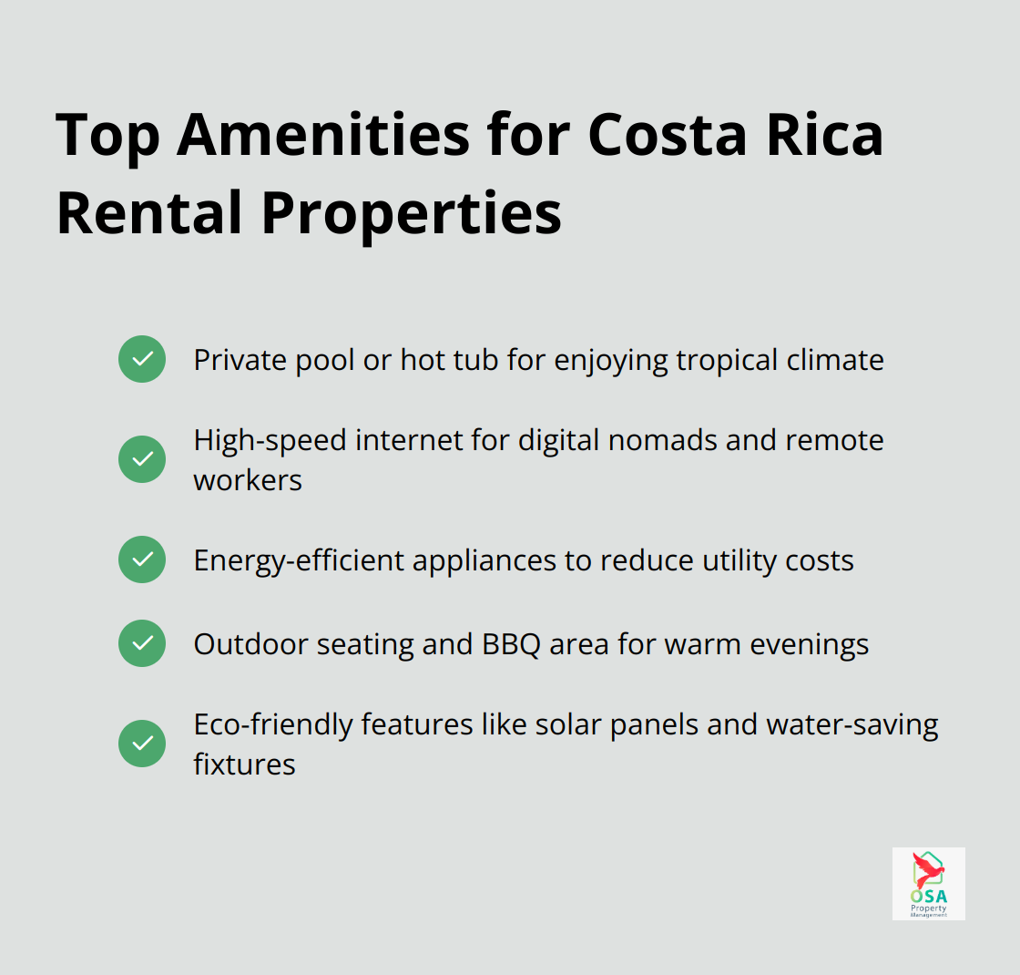 Chart listing key amenities that enhance appeal of rental properties in Costa Rica