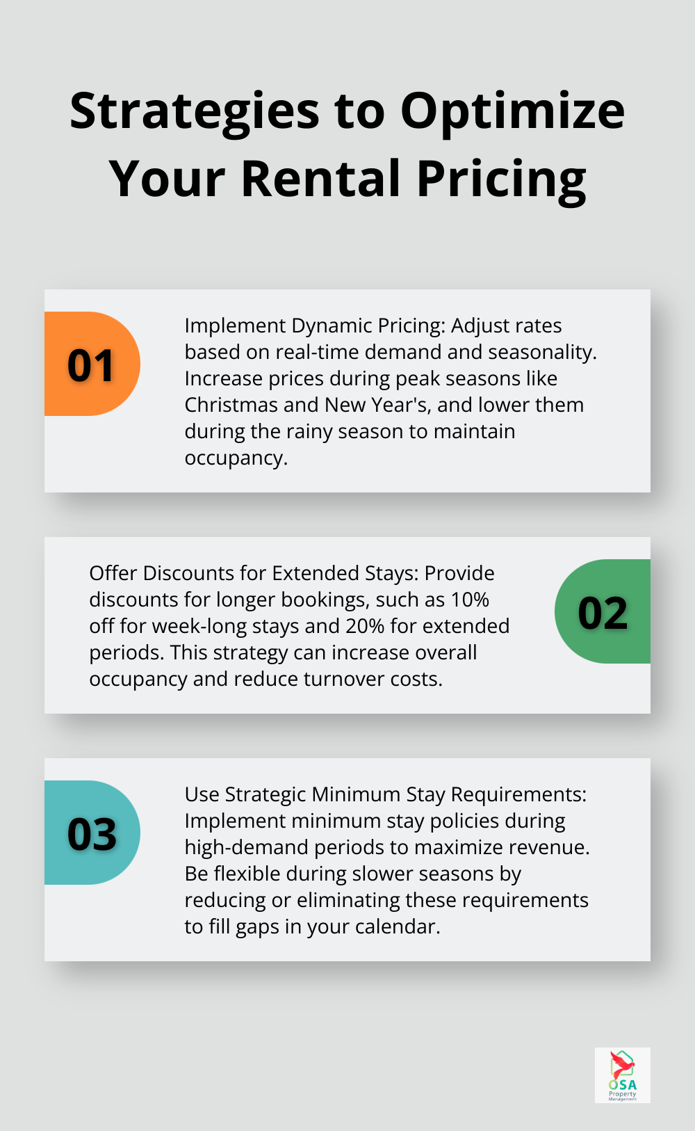 Ordered list chart showing three key strategies for optimizing rental pricing in Costa Rica: Implement Dynamic Pricing, Offer Discounts for Extended Stays, and Use Strategic Minimum Stay Requirements