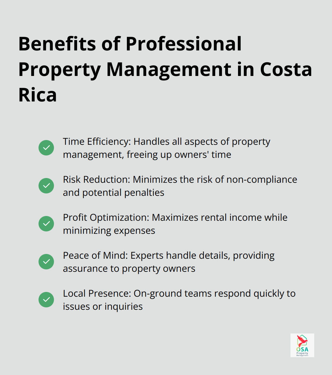 Checkmark list showing five key benefits of professional property management: Time Efficiency, Risk Reduction, Profit Optimization, Peace of Mind, and Local Presence - Rental regulations