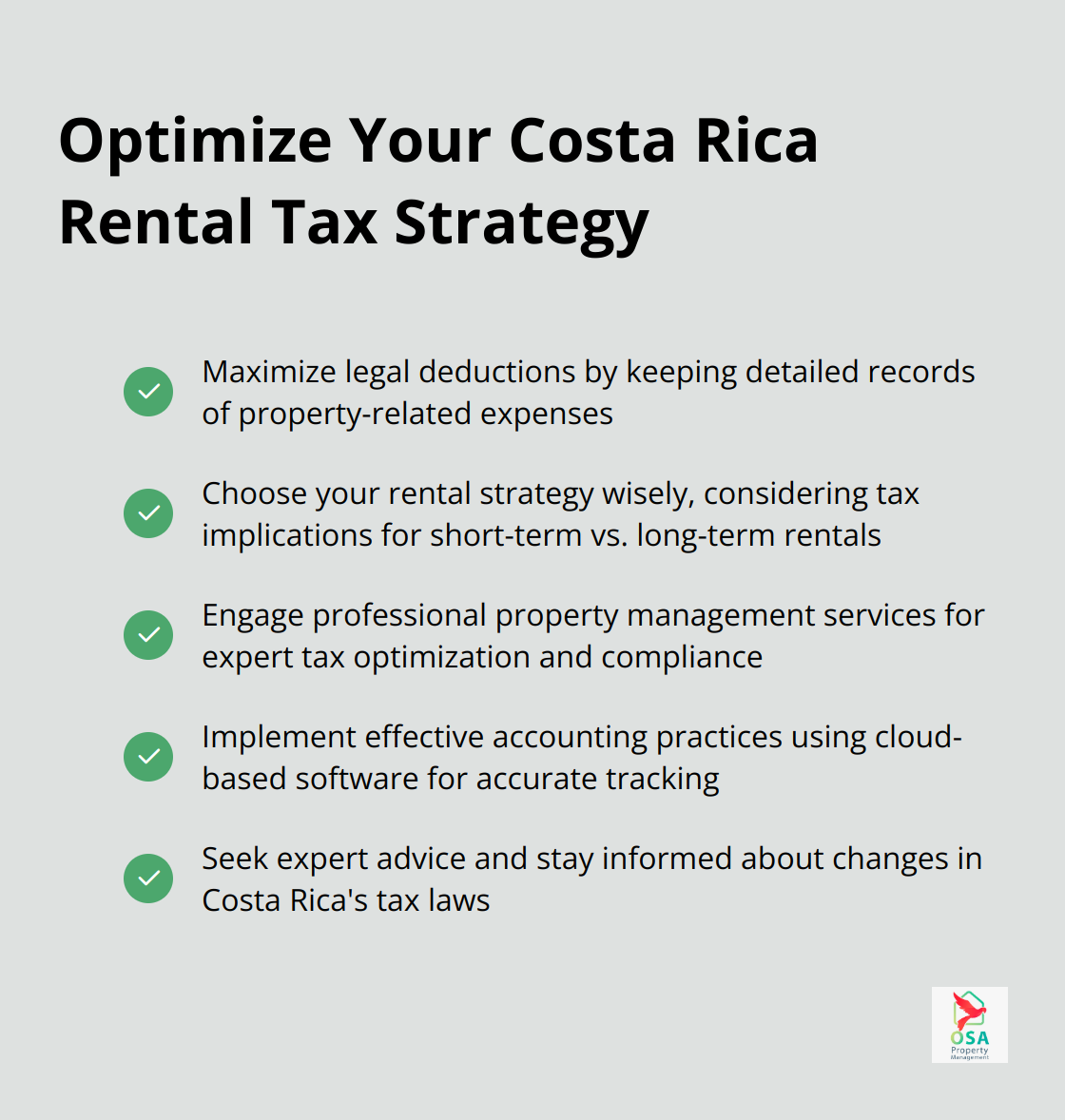 Checkmark list of strategies to optimize rental tax situations in Costa Rica - Tax compliance
