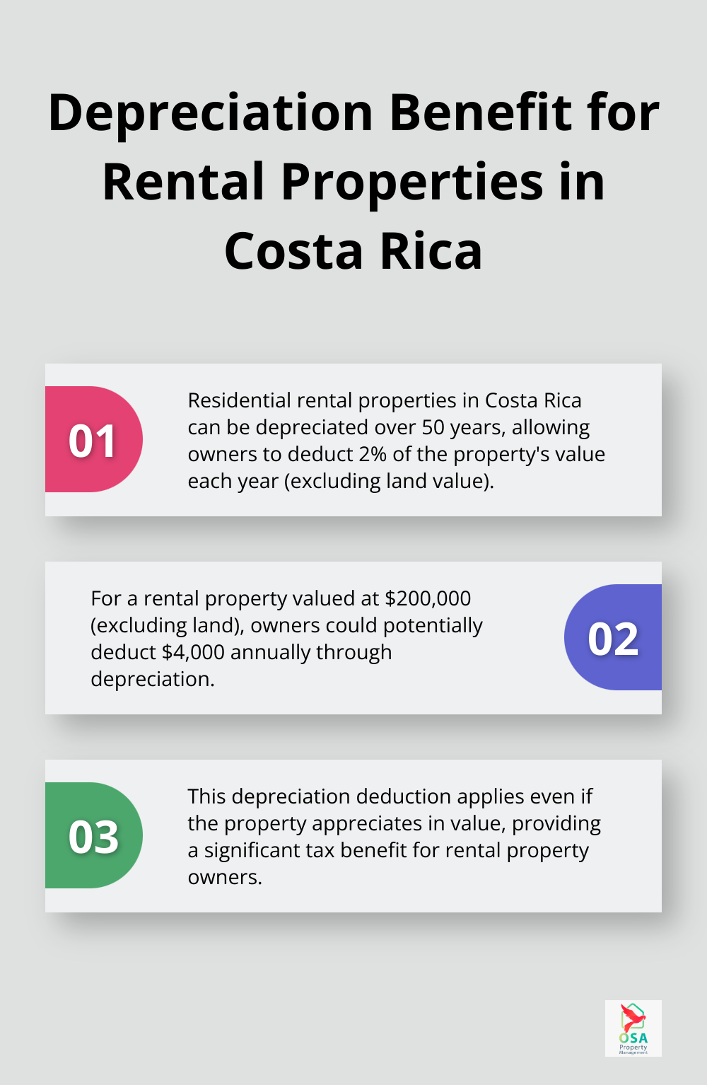 Ordered list chart showing three key points about depreciation benefits for rental properties in Costa Rica - Tax savings