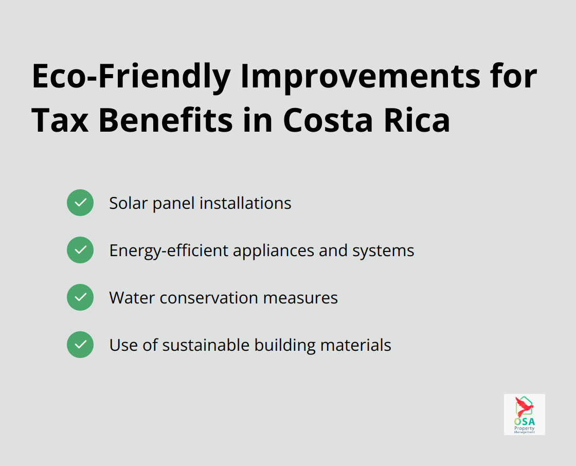 Checkmark list chart showing four eco-friendly improvements that may qualify for tax benefits in Costa Rica