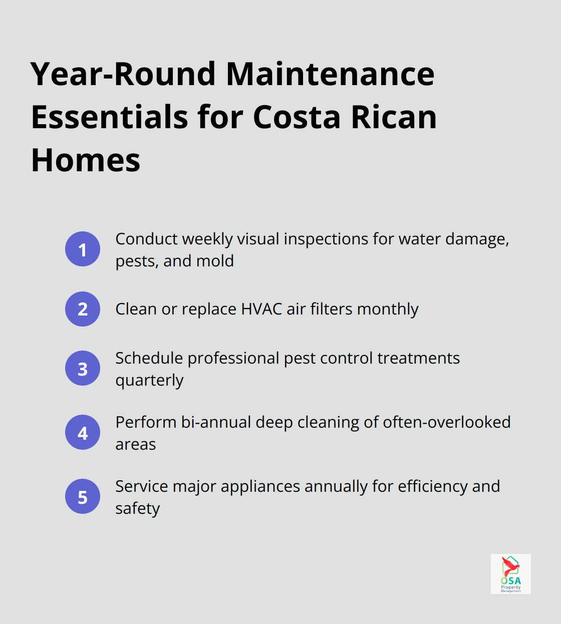 Compact list of five essential year-round maintenance tasks for homes in Costa Rica