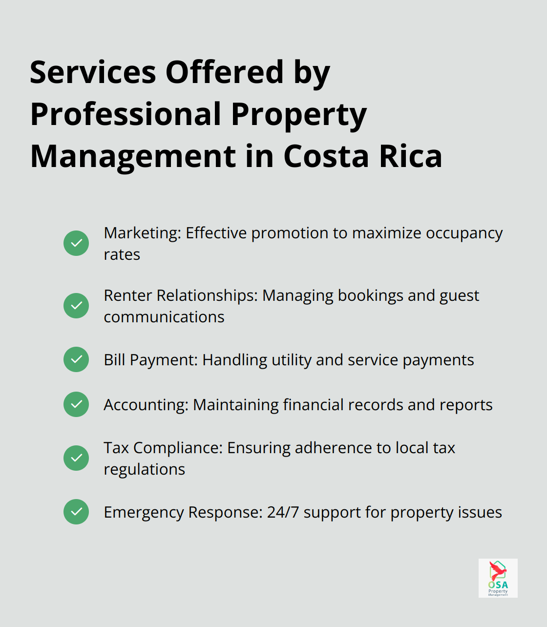 A checkmark list chart showing six key services offered by professional property management companies in Costa Rica: Marketing, Renter Relationships, Bill Payment, Accounting, Tax Compliance, and Emergency Response.