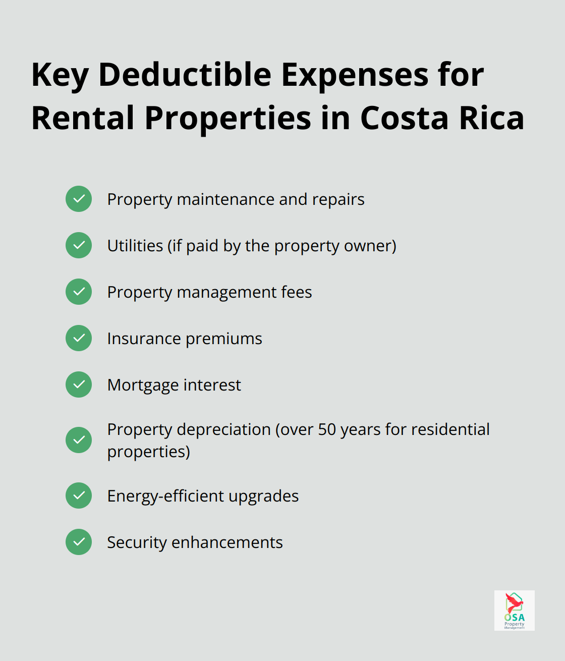 Checklist of deductible expenses for rental properties in Costa Rica, including maintenance, utilities, fees, insurance, mortgage interest, depreciation, and upgrades.