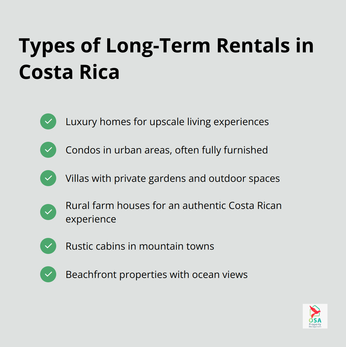 A checkmark list showing various types of long-term rentals available in Costa Rica, including luxury homes, condos, villas, rural farm houses, rustic cabins, and beachfront properties.