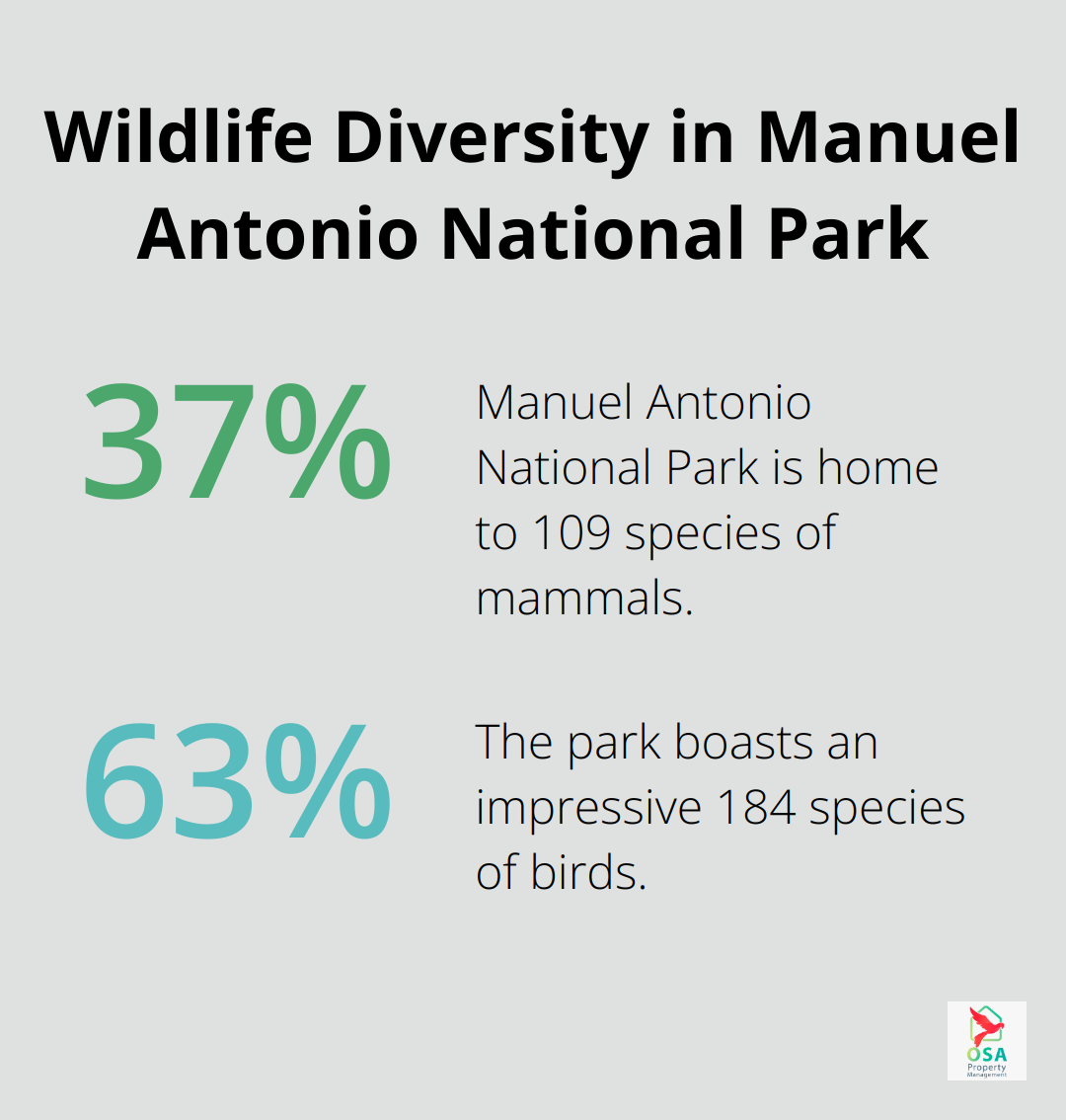 Chart showing 37% mammals and 63% birds in Manuel Antonio National Park's wildlife diversity