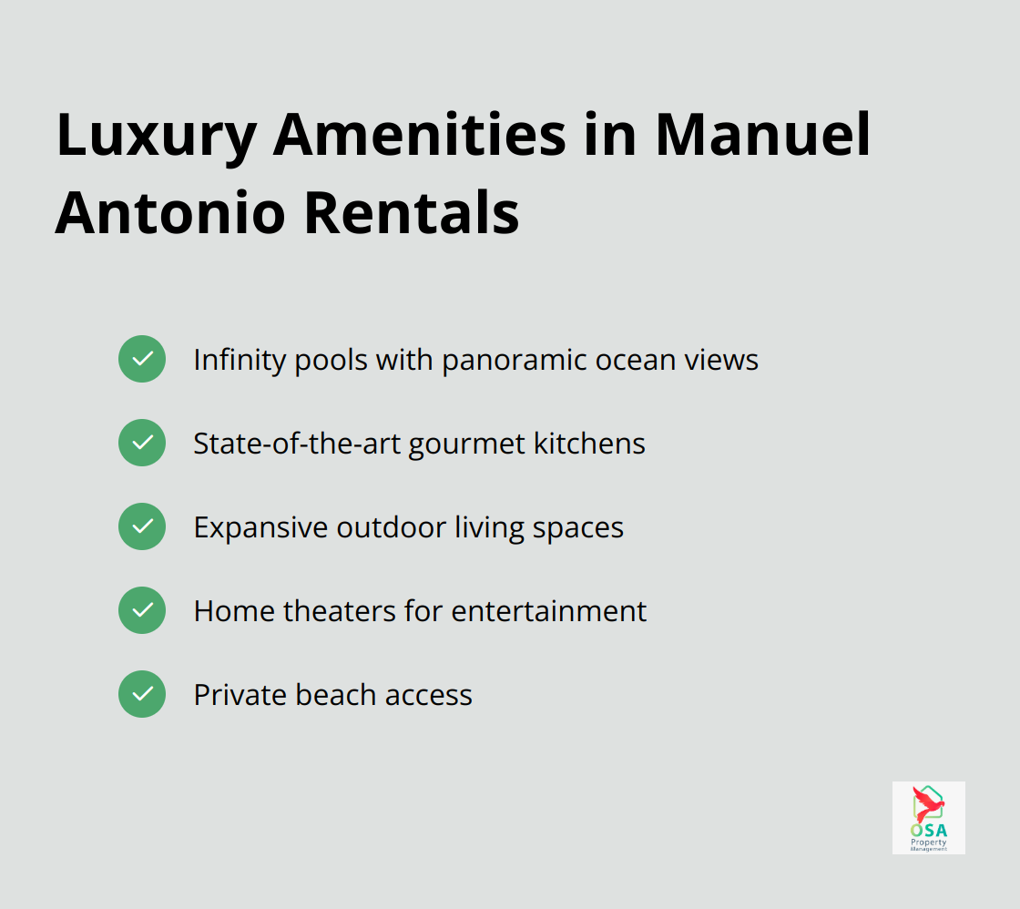 Checklist of luxury amenities in Manuel Antonio rentals including infinity pools, gourmet kitchens, outdoor living spaces, home theaters, and private beach access - costa rica house rentals manuel antonio