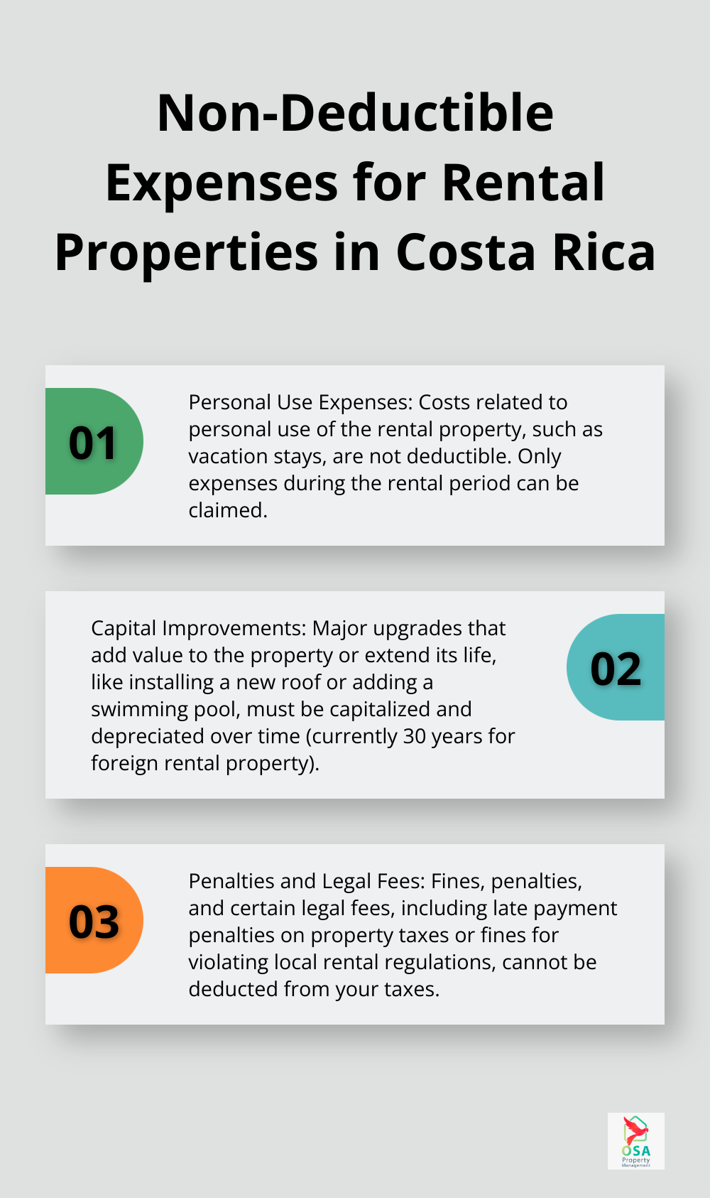 Ordered list chart showing three categories of non-deductible expenses for rental properties: Personal Use Expenses, Capital Improvements, and Penalties and Legal Fees