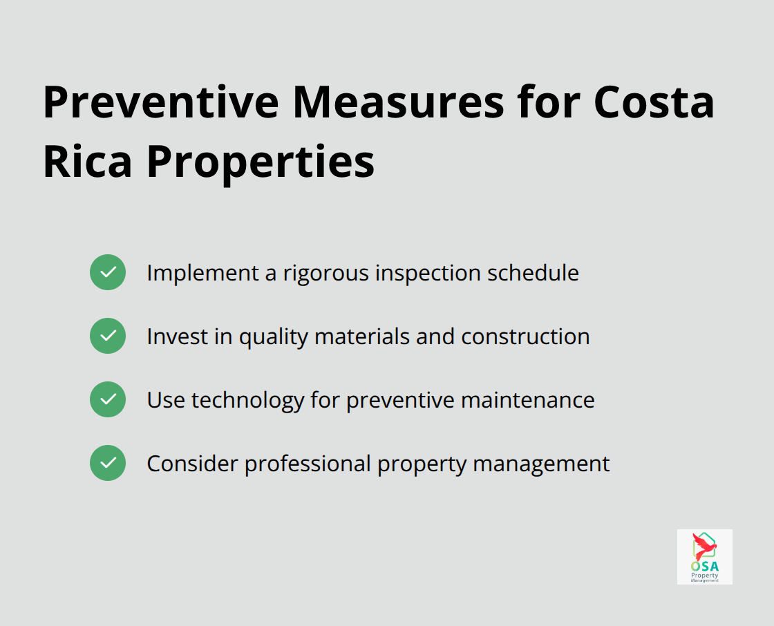 A checkmark list showing key preventive measures for property maintenance in Costa Rica, including regular inspections, quality materials, smart technology, and professional management. - Maintenance costs