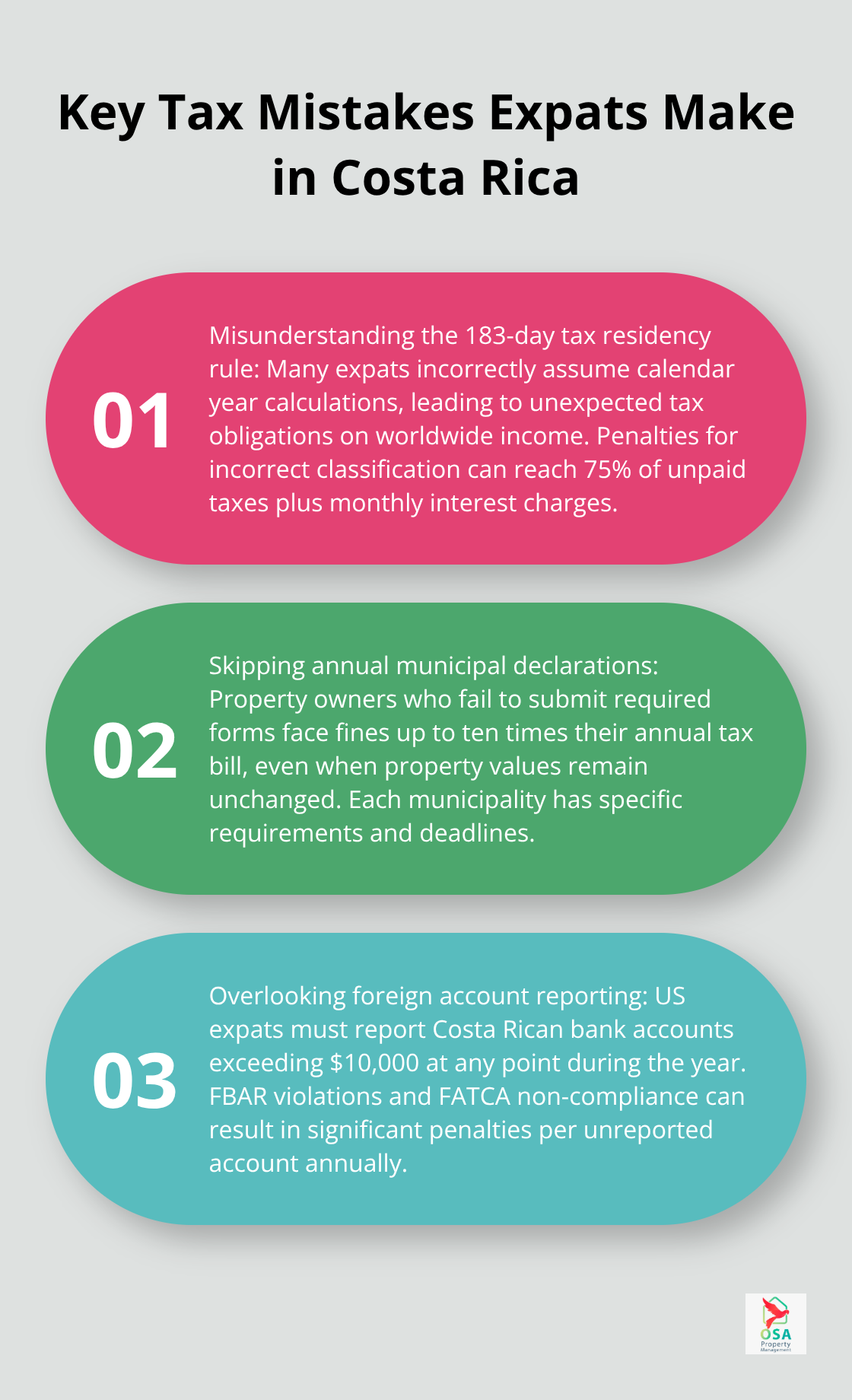 Ordered list chart outlining three major tax mistakes expats commonly make in Costa Rica - Tax planning