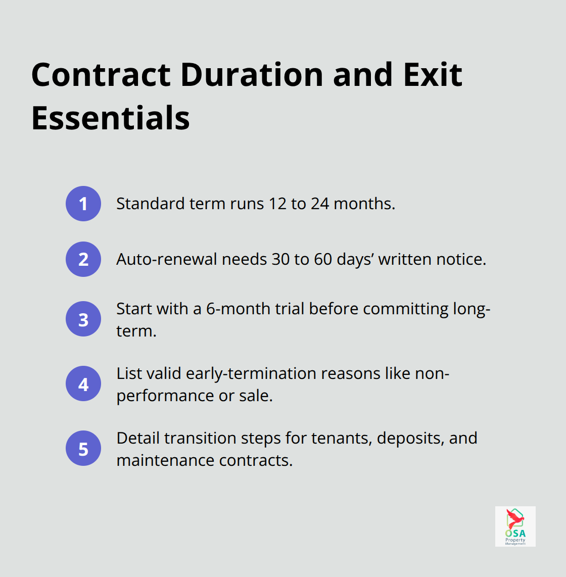 Compact checklist of key term lengths and exit provisions for property management agreements - property management agreement template