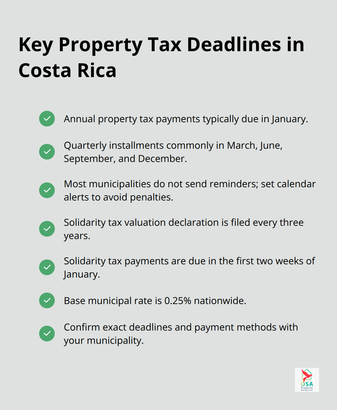 Checklist of Costa Rica property tax deadlines and schedules, including January due dates and quarterly months. - how much are property taxes in Costa Rica