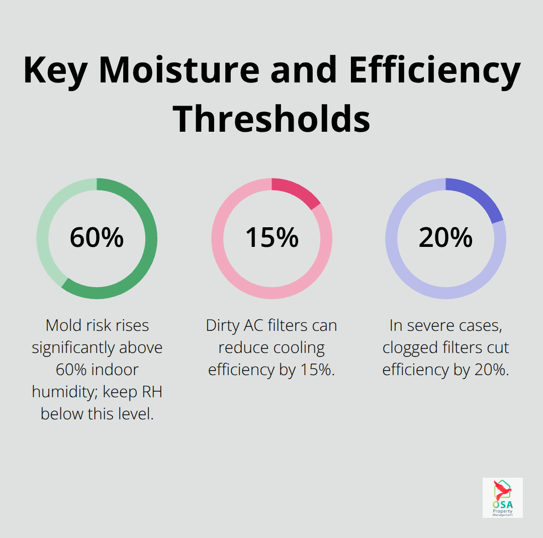 Percentage chart showing 60% humidity mold threshold and 15–20% AC efficiency loss from dirty filters.