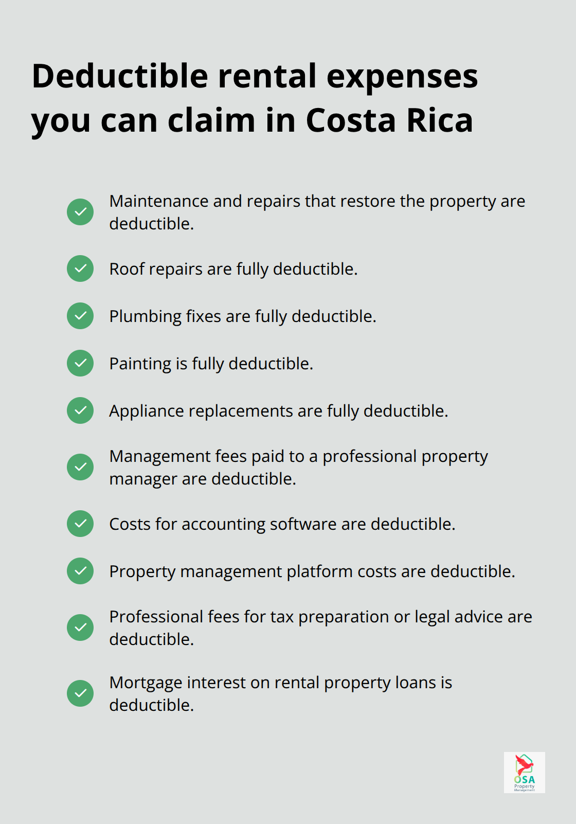 Checklist of allowable rental expense deductions for Costa Rica property owners. - CR rents taxation basics