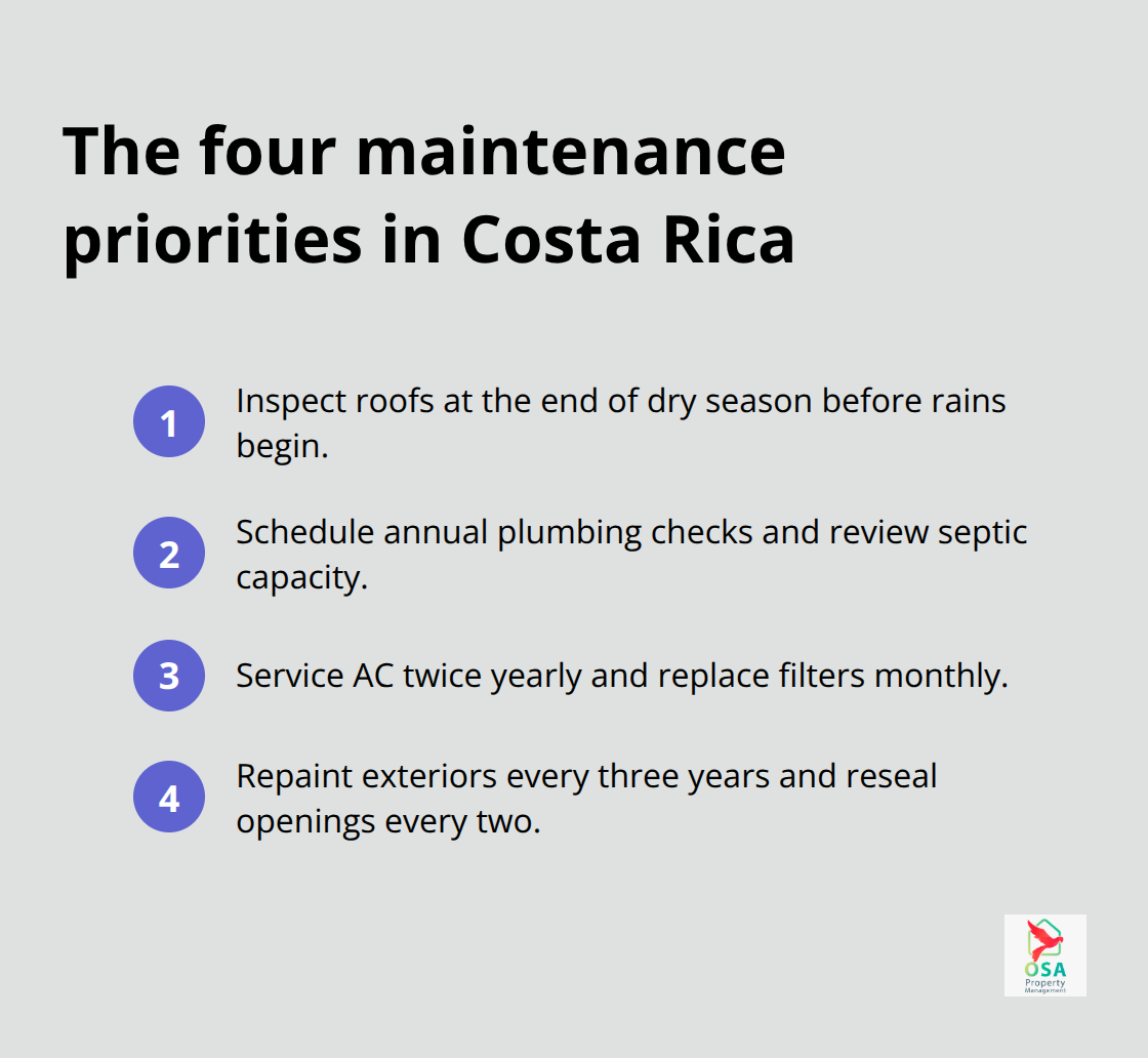 Recurring tasks that prevent roof, plumbing, electrical, and exterior failures - Costa Rica home maintenance