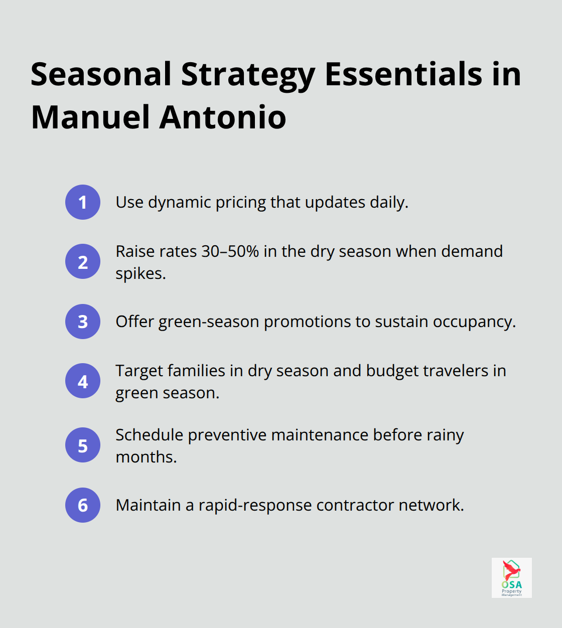Compact list of key seasonal tactics for Manuel Antonio vacation rentals. - Manuel Antonio property management