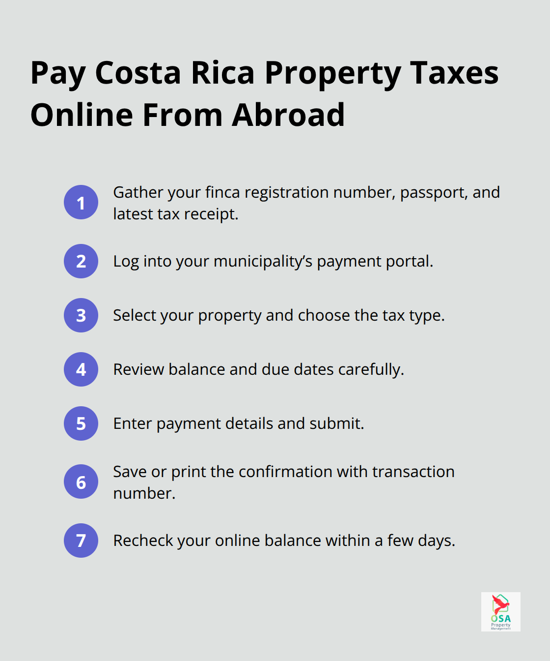 Compact step-by-step guide to paying Costa Rica property taxes online from outside the country