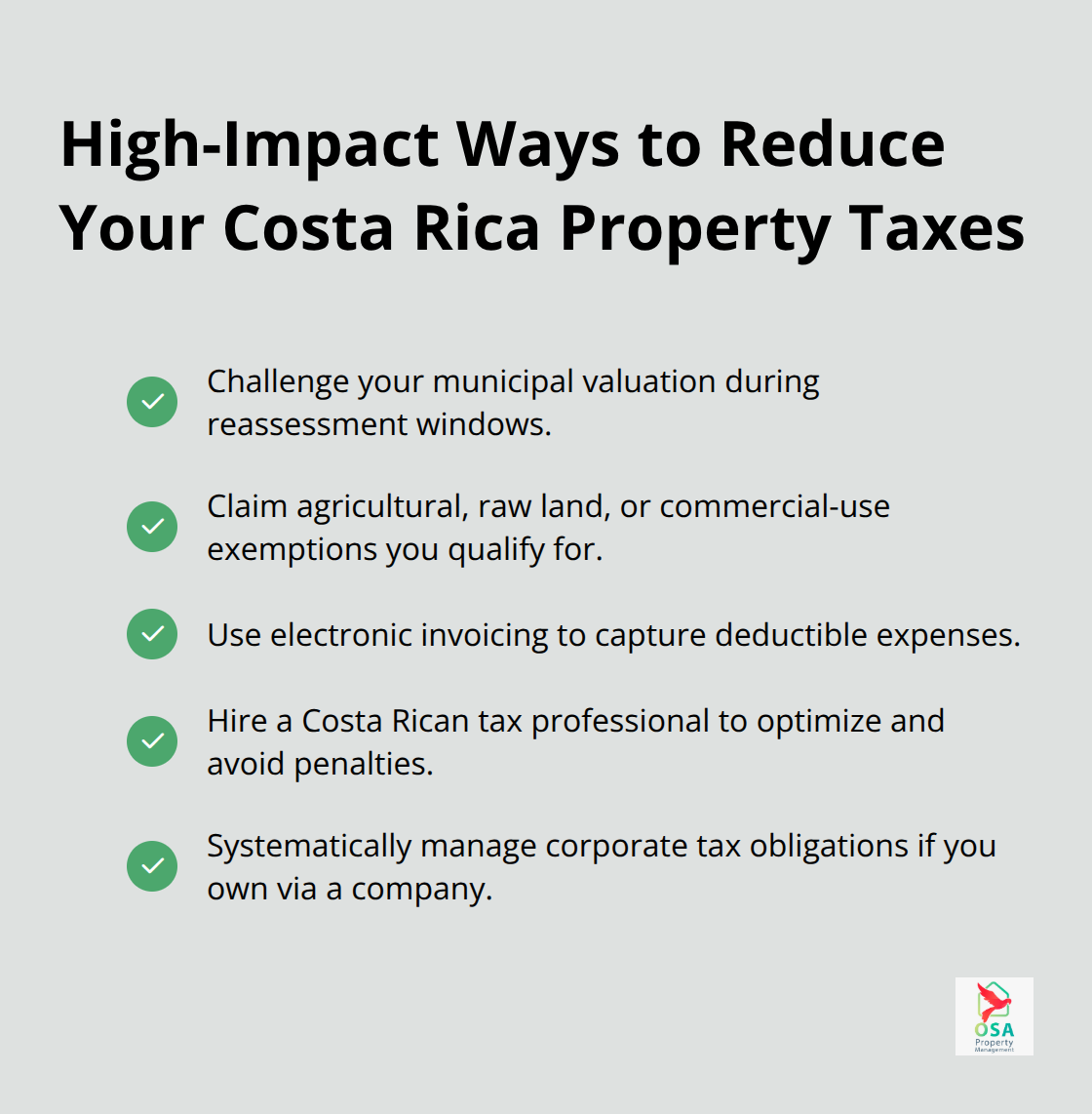 Checklist of actions to legally lower Costa Rica property tax costs