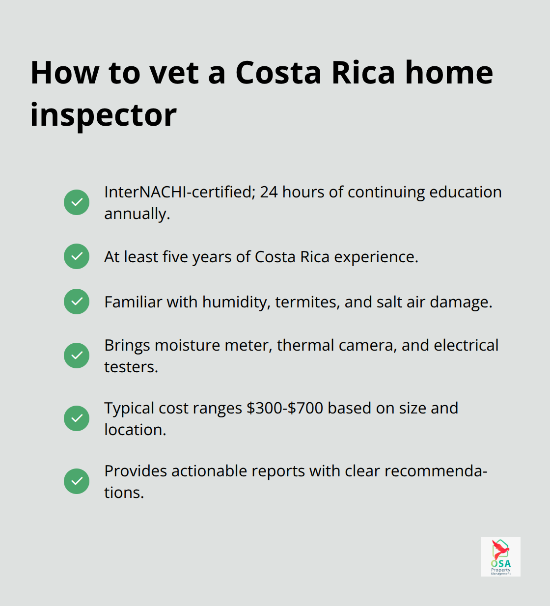 Checklist for selecting qualified inspectors in Costa Rica - Home inspections Costa Rica