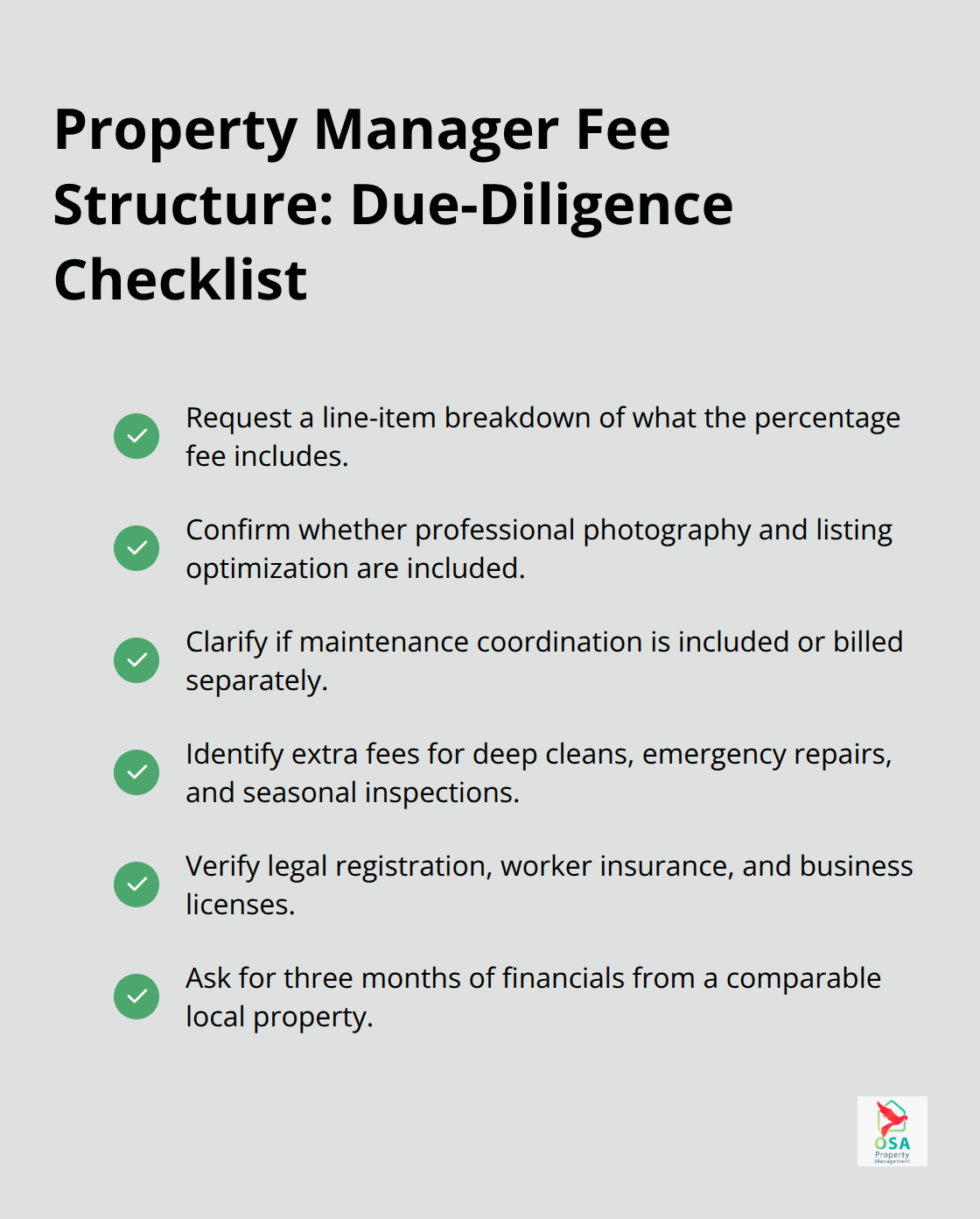 Checklist of questions to evaluate a Costa Rica property manager’s fees and inclusions.