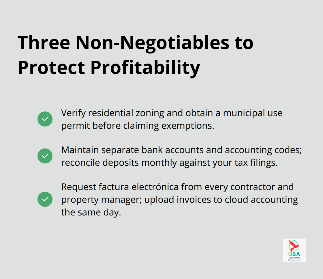Checklist of three essential compliance actions for Costa Rica rental VAT and income tax. - CR rental VAT guide