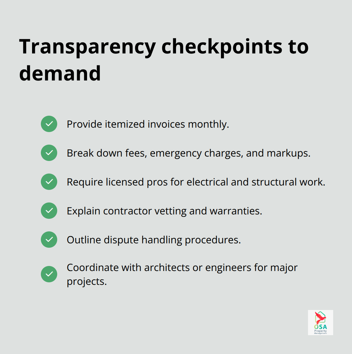 Checklist of pricing and contractor transparency to request from a maintenance vendor