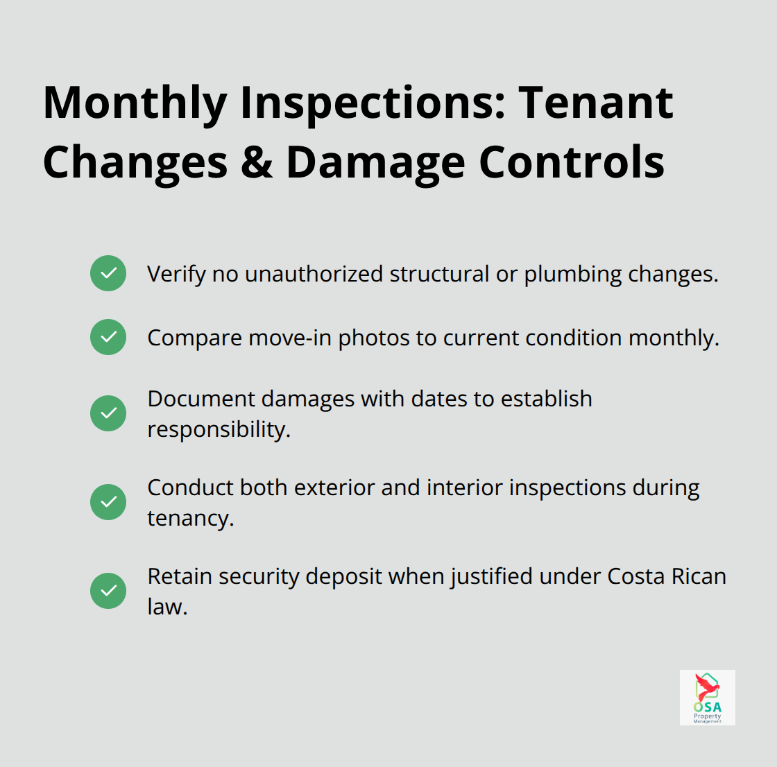 Checklist of tenant-related controls verified during monthly inspections