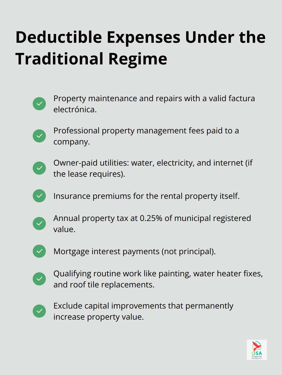 Checklist of common deductible rental expenses in Costa Rica under the traditional regime - Rental taxes Costa Rica