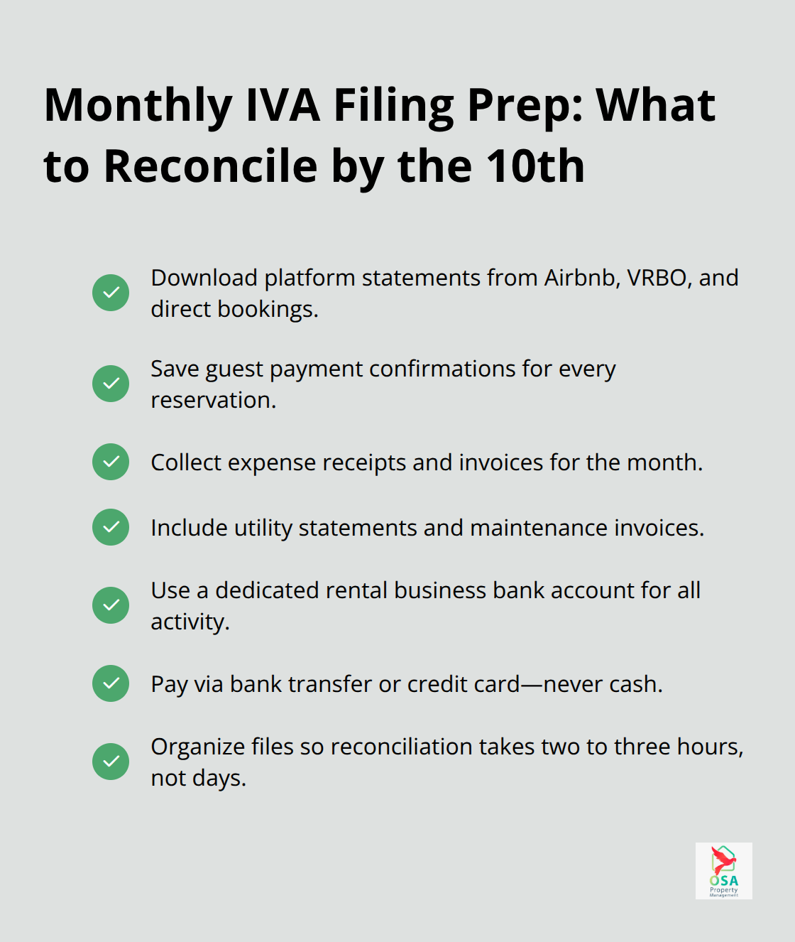 Checklist of documents and steps to prepare IVA filing in Costa Rica by the 10th each month. - Costa Rica IVA filing