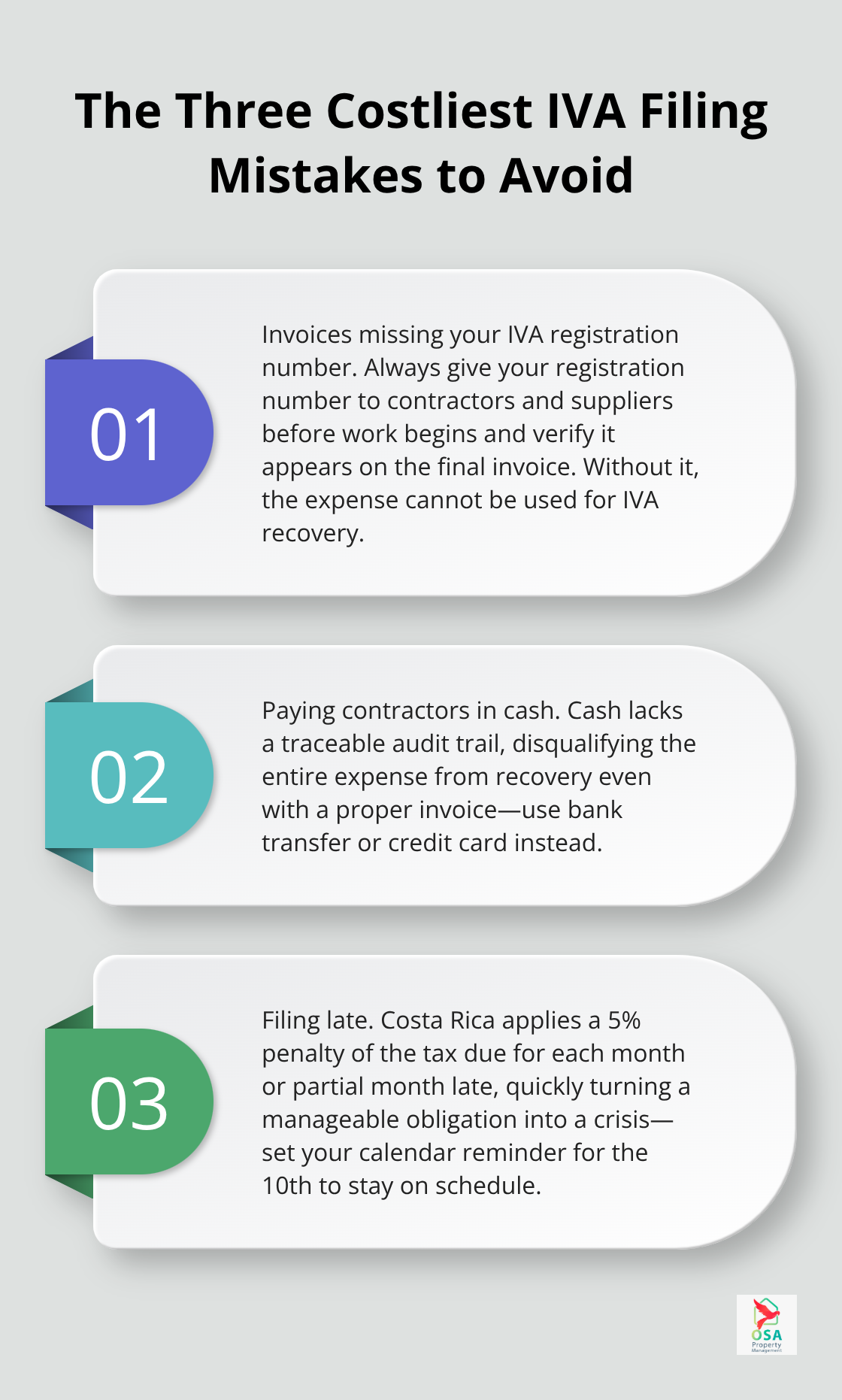 Stylized list explaining three major Costa Rica IVA filing mistakes and how to avoid them.