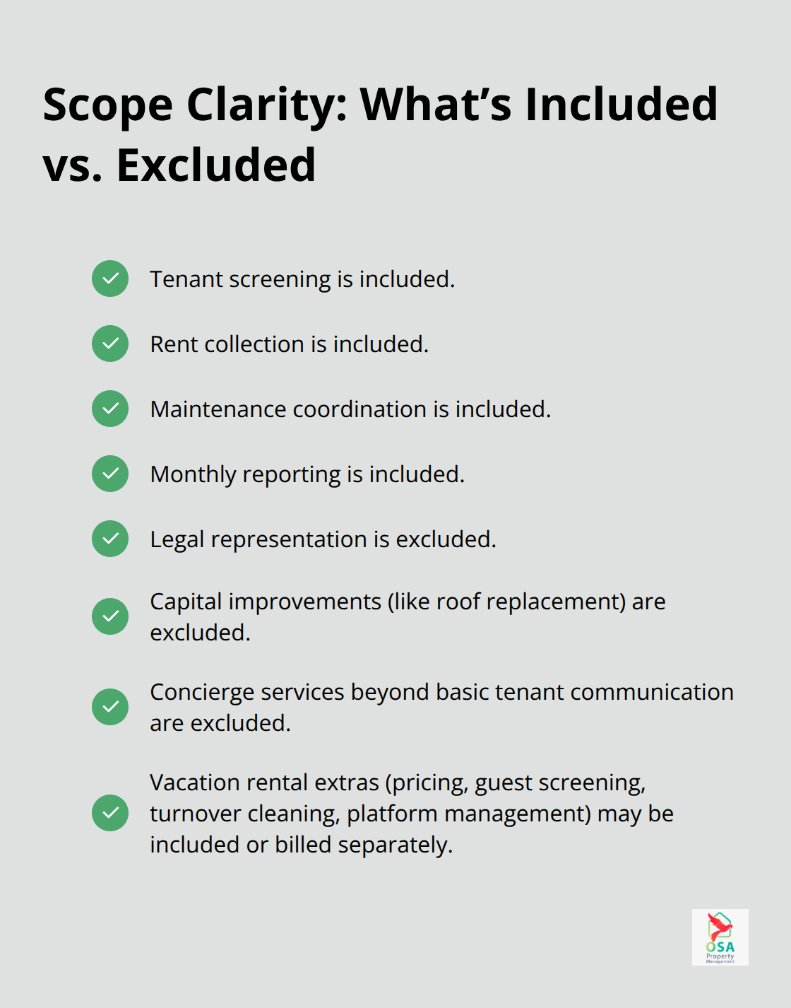 Checklist distinguishing included services from excluded services in a property management contract. - Costa Rica property management contracts