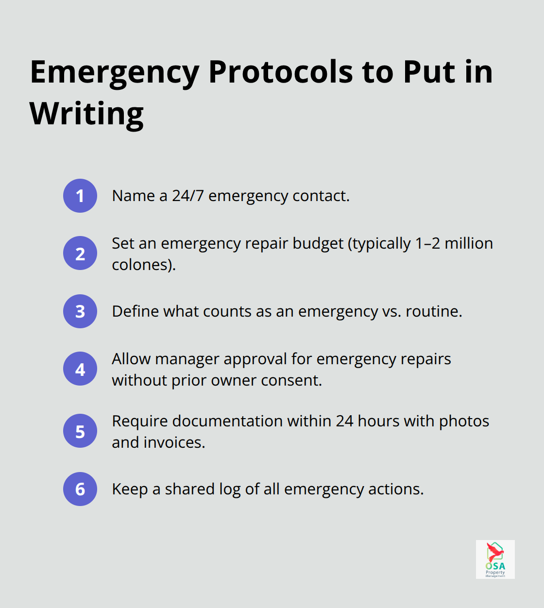 Compact list of must-have emergency protocols in a property management contract.