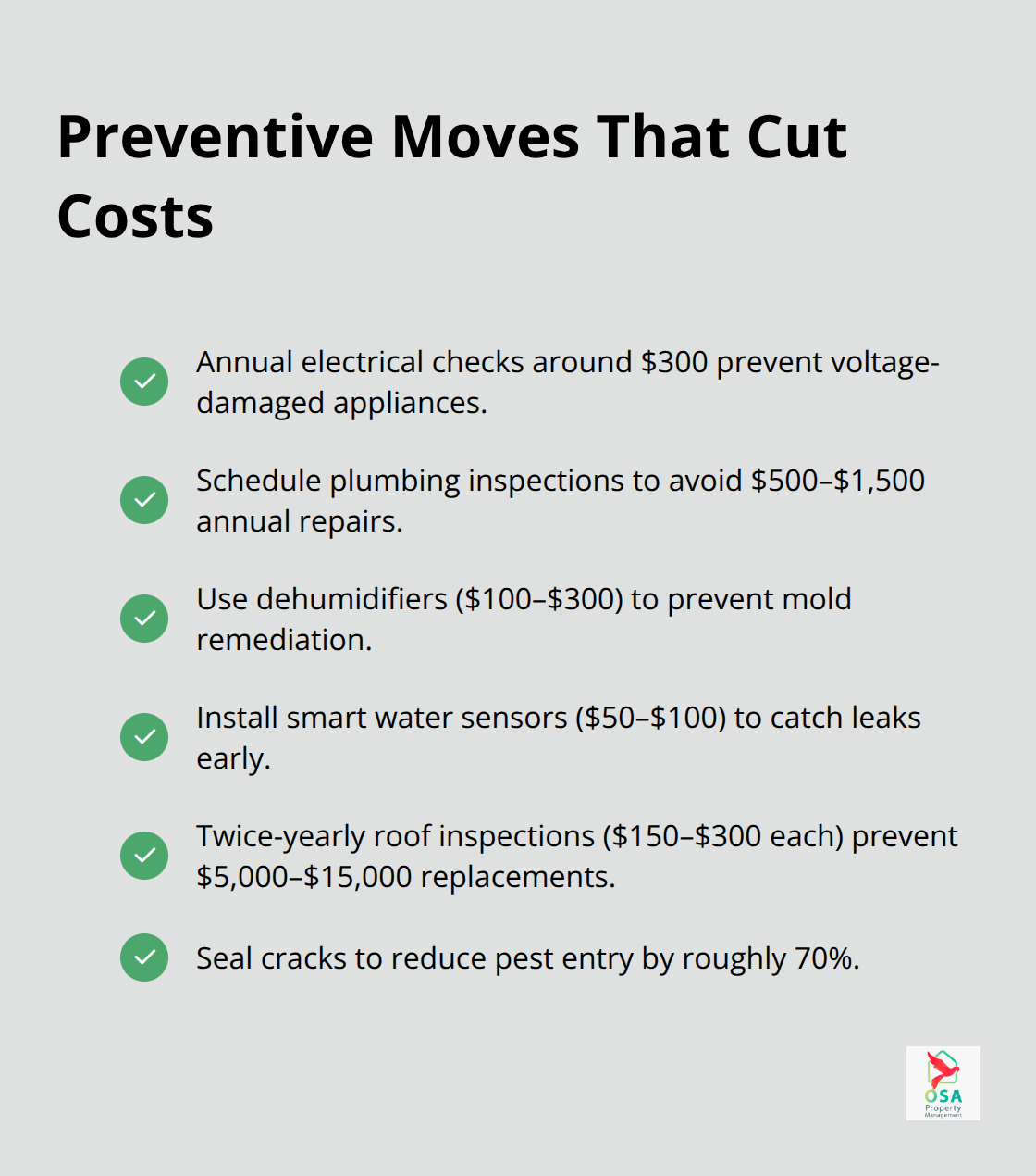 Checklist of preventive maintenance actions and their typical costs that avert larger repairs in Costa Rica. - Maintenance cost estimates