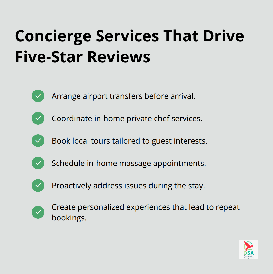 Checkmarked list of concierge and guest-preparation services offered in Ojochal rentals - Ojochal property management