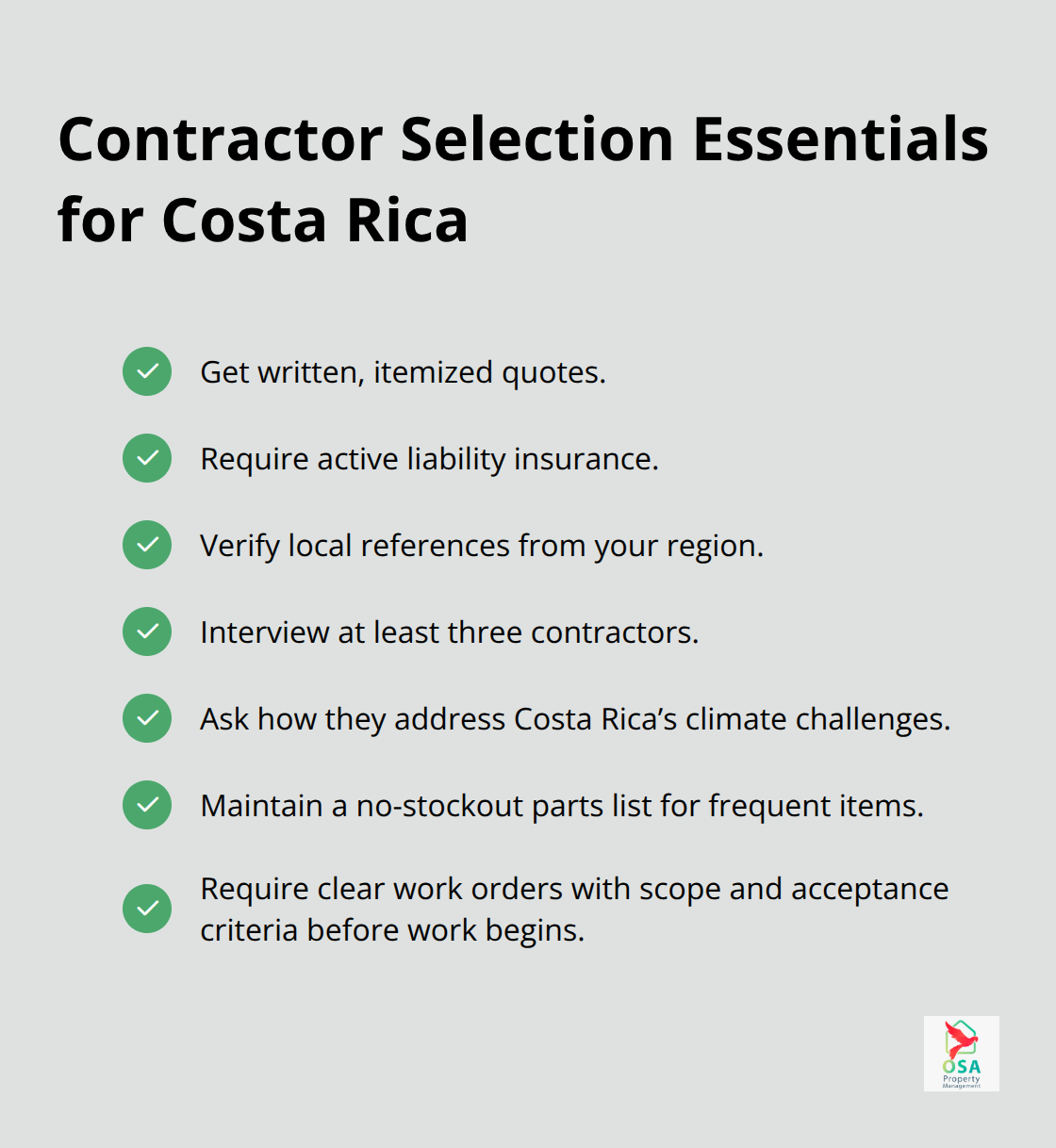 Checklist of must-have contractor qualifications and processes for Costa Rica properties. - Preventive maintenance Costa Rica