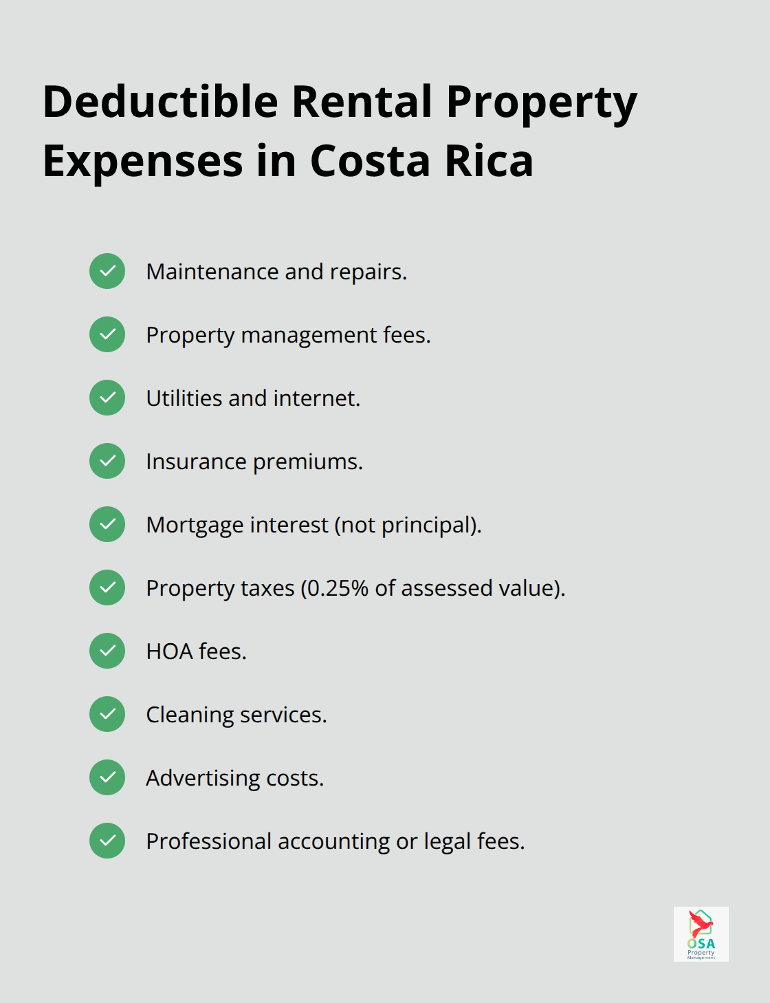 Checklist of common deductible expenses for Costa Rica rental properties - Rental tax Costa Rica