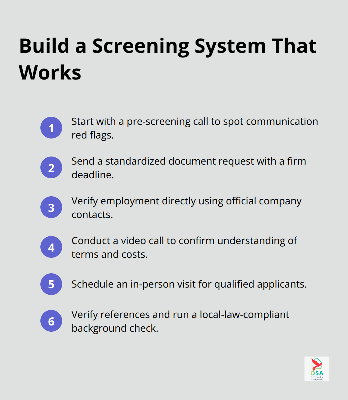 Compact checklist of six steps to create an effective renter screening system. - Renter screening Costa Rica