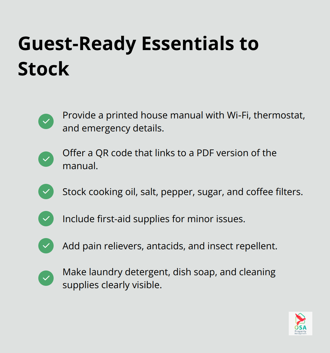 Checklist of amenities and supplies that improve guest satisfaction and reviews. - San Buenas upkeep tips
