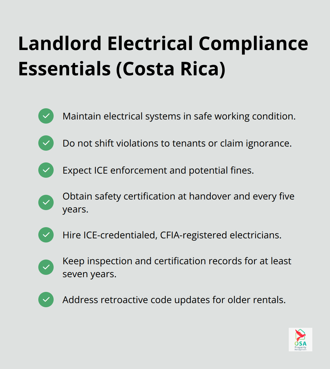 Checklist of key landlord obligations under Costa Rican electrical safety law - Electrical safety Costa Rica
