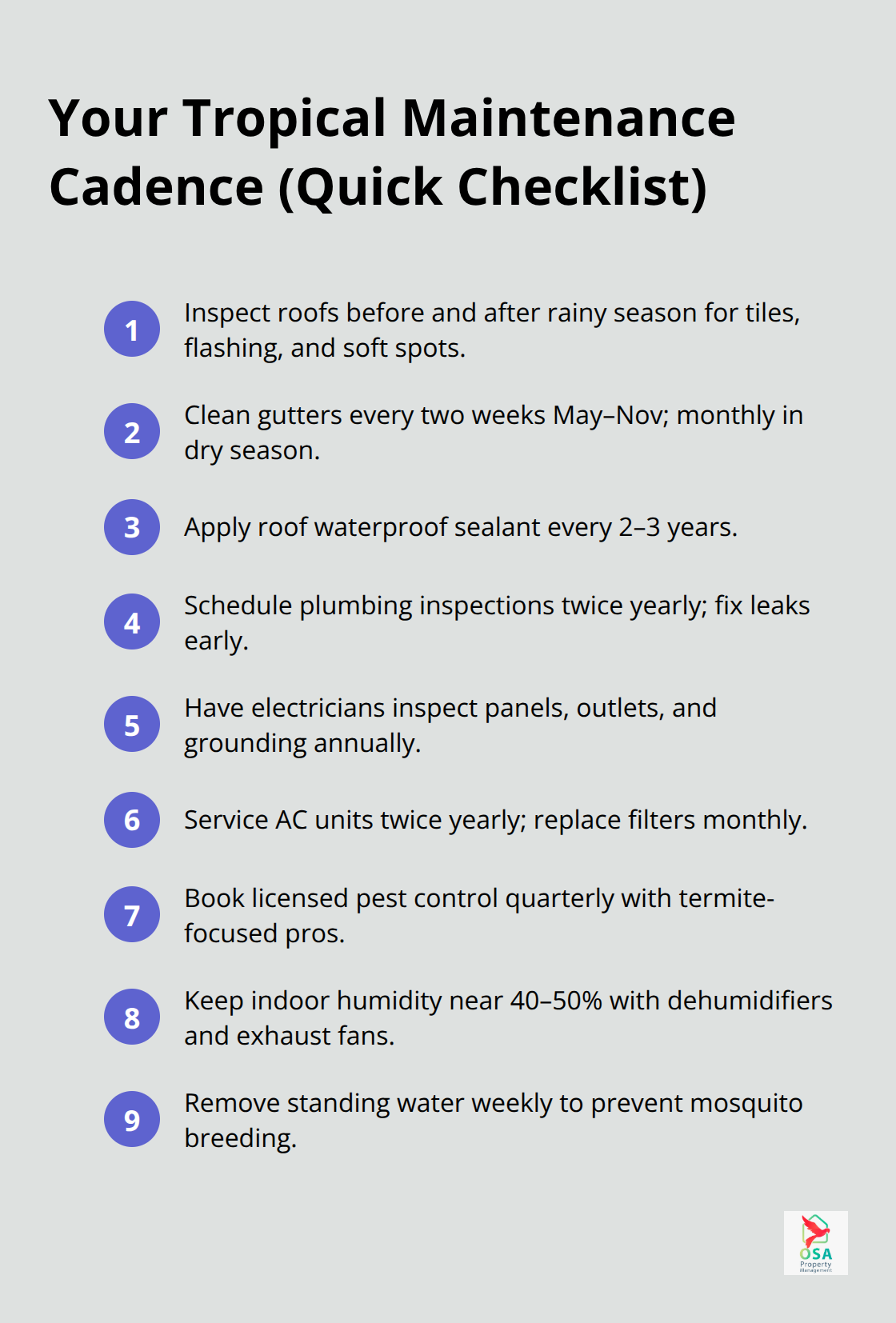 Compact checklist of essential monthly and seasonal maintenance tasks for Costa Rica homes. - Home maintenance Costa Rica