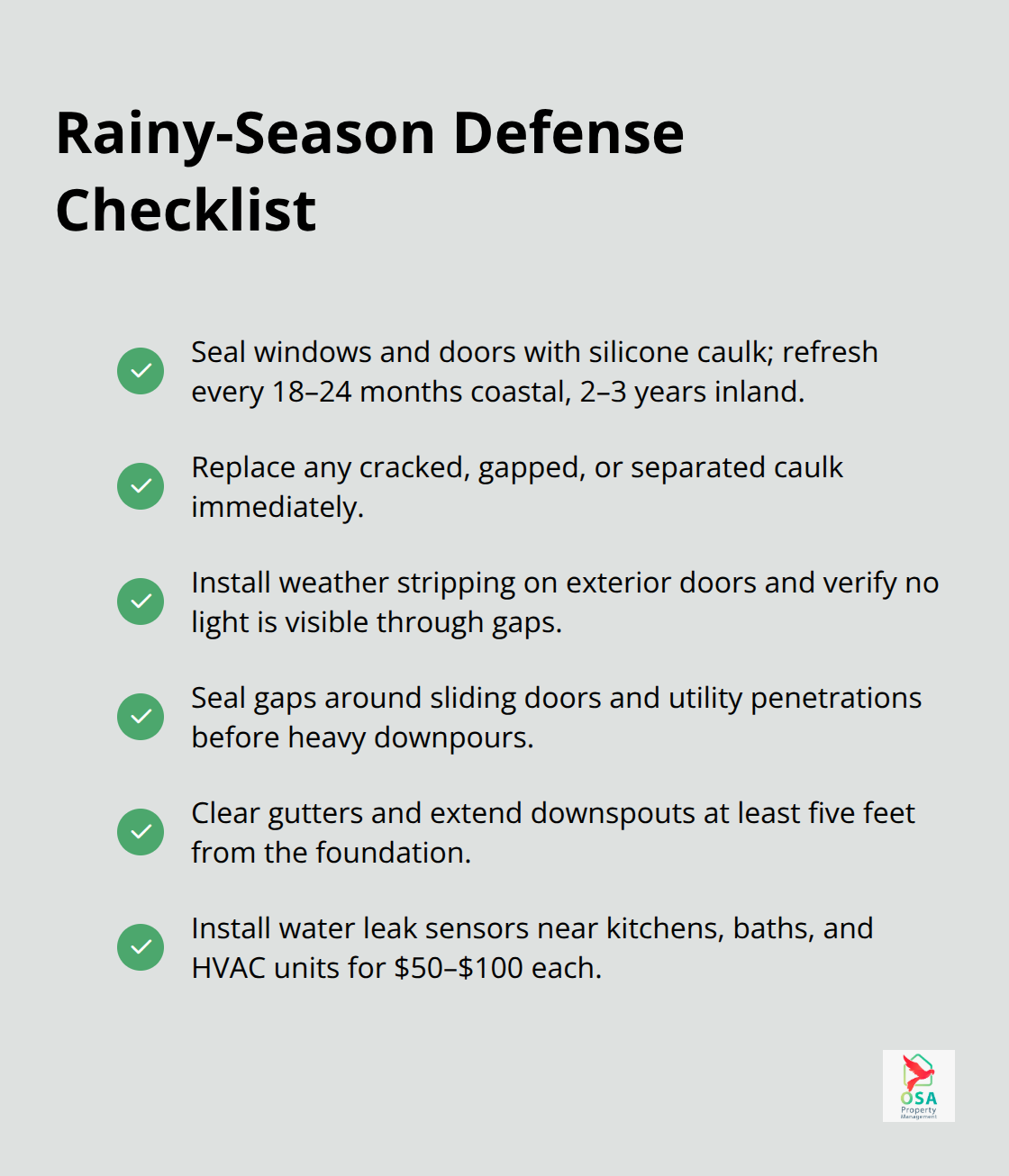 Checklist of sealing, drainage, and early detection steps to prepare for Costa Ricas rains. - Home maintenance program